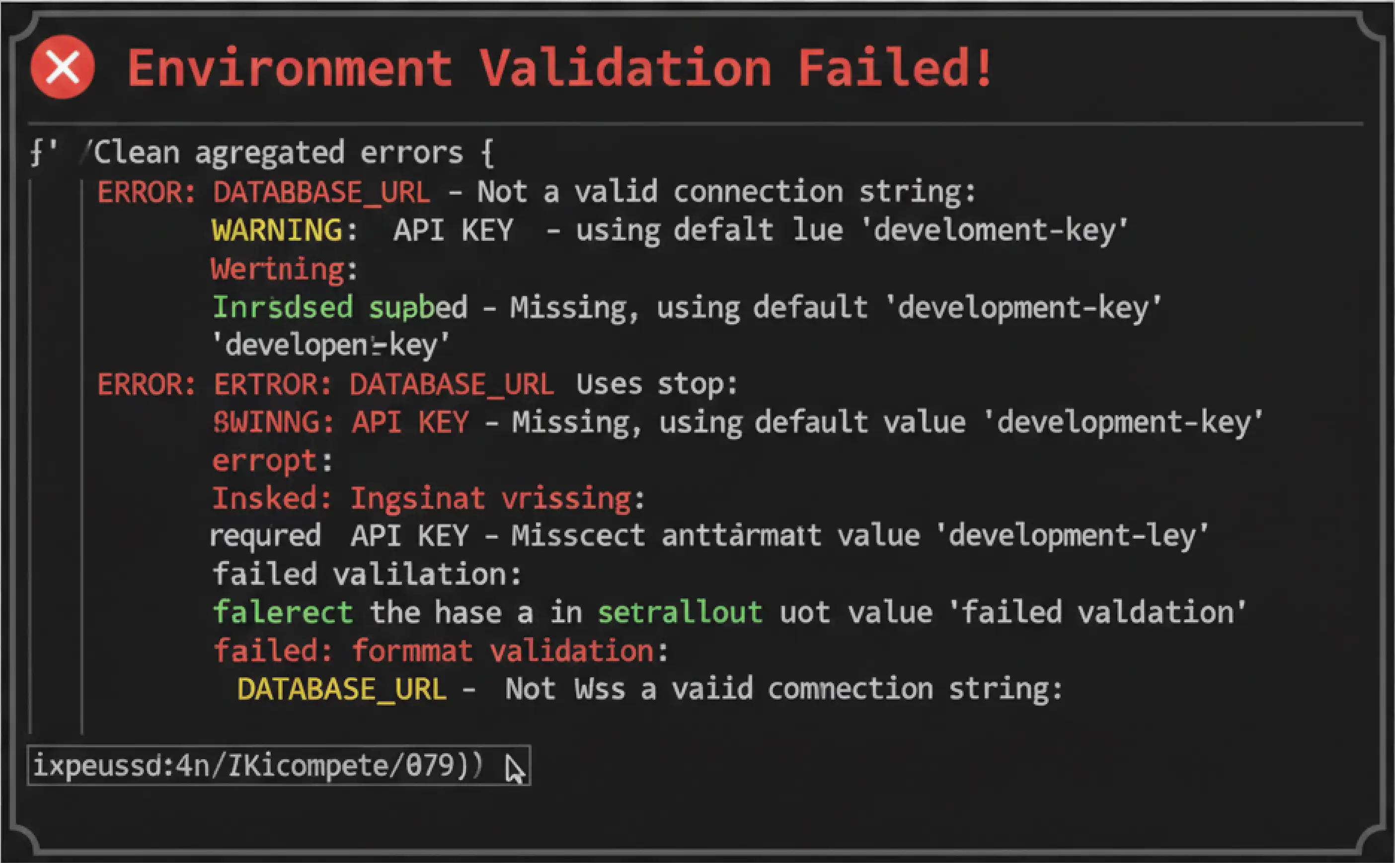 Terminal screenshot showing aggregated, human-readable env validation errors.